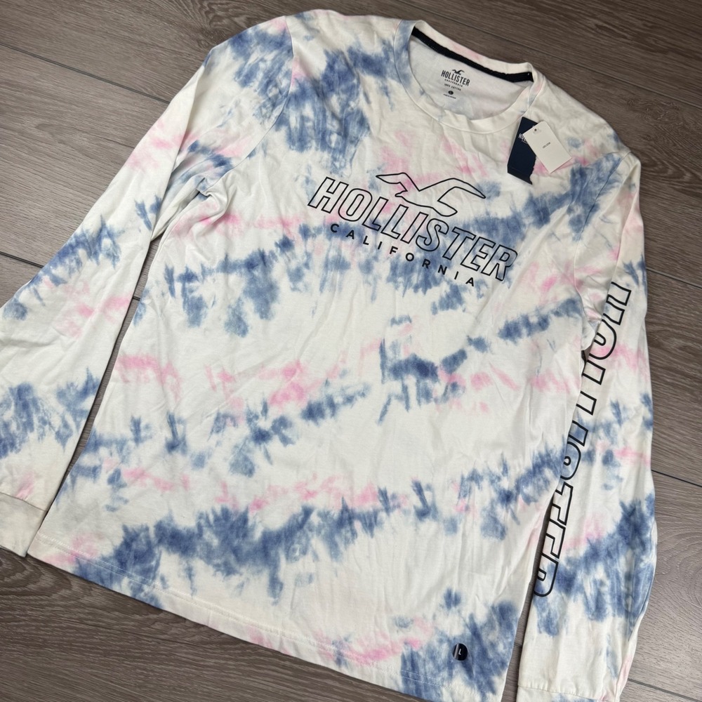 Hollister Mens Long Sleeve T-Shirt Tie Dye Graphic Logo White Blue Pink Large